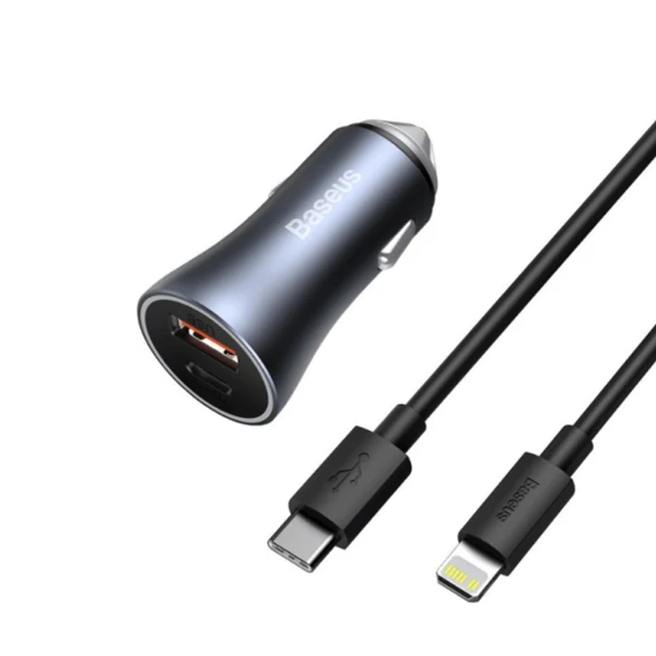 شارژر فندکی 40 وات دو پورت همراه با کابل باسئوس مدل Golden Contactor CCJDZ-CX